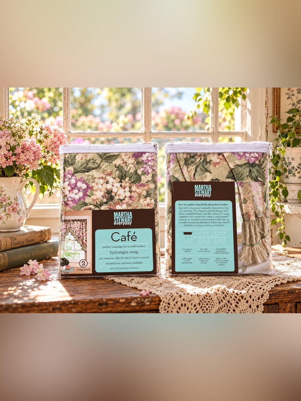 Vintage Martha Stewart Hydrangea Café Curtain Swag Set | Floral Cottagecore Wind